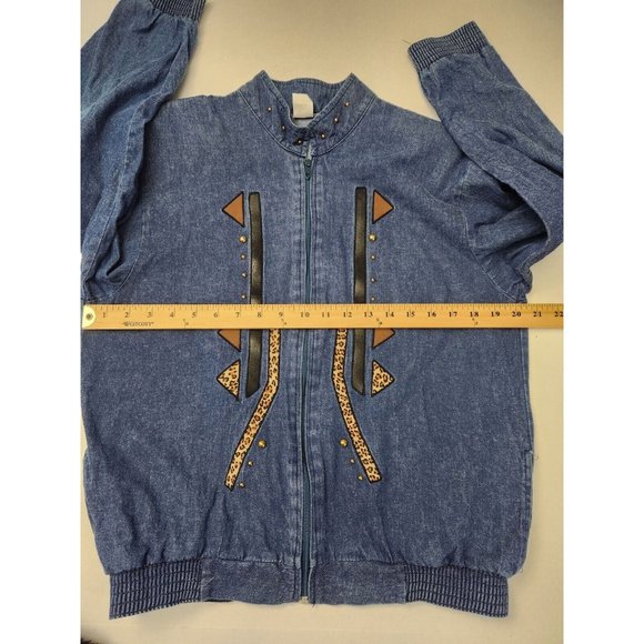Denim Jacket Vtg Womens Sz S Faux Leather & Animal Print Applique Studs Zip Up - Picture 8 of 9